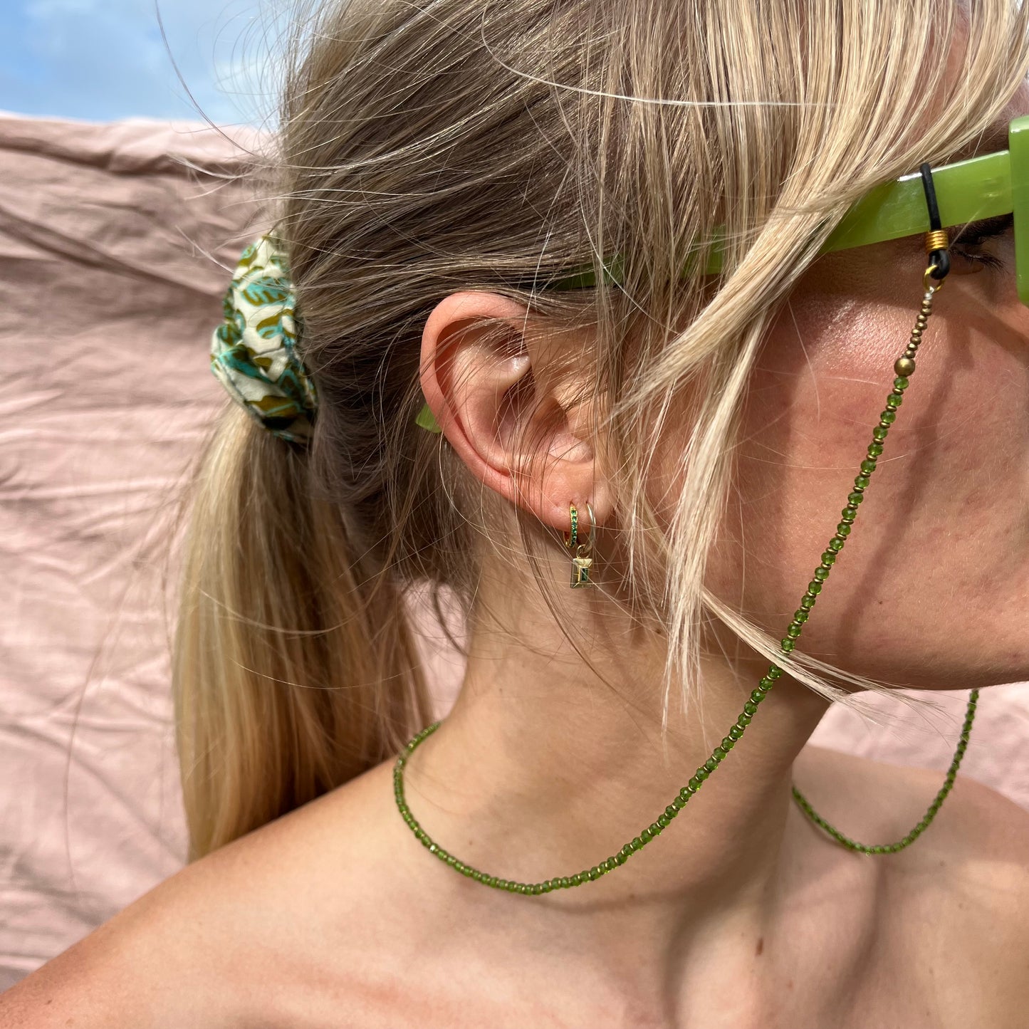 Sunglass Strings (Green & Gold Beads)